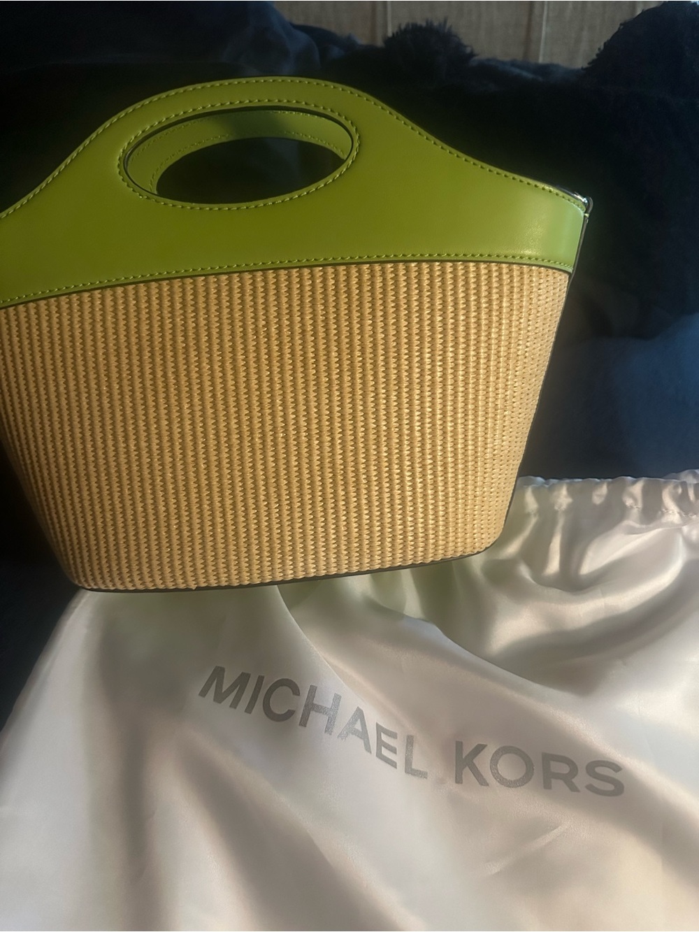 Michael Kors Natural Straw Tote with Lime Green Trim - Picture 2 of 6